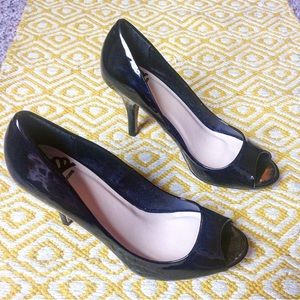 Faux patent leather peep toe heels